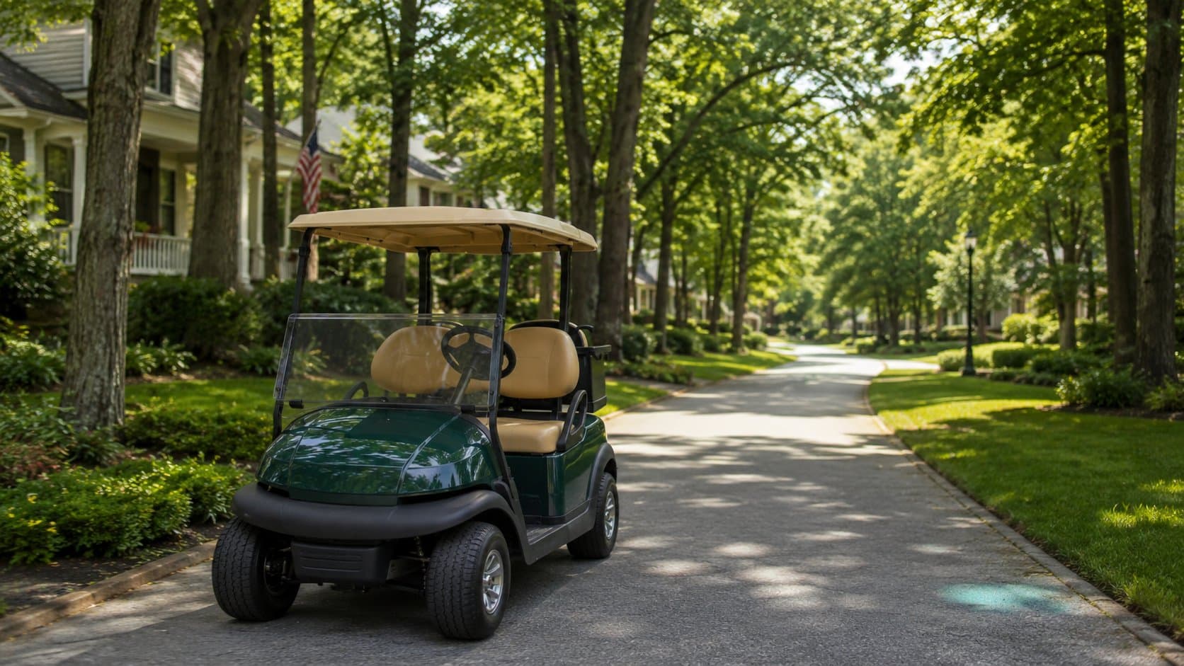 A golf cart parked along a tree-lined residential street in Peachtree City