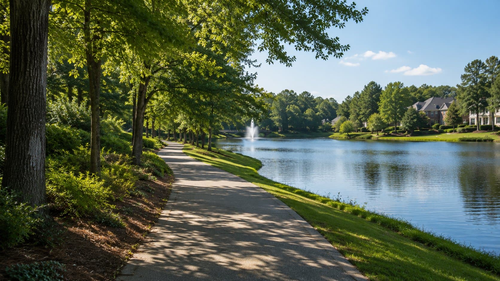 A multi-use path running alongside a lake with a fountain in Peachtree City