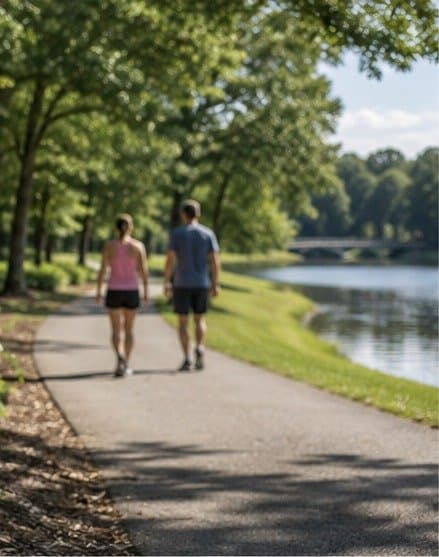 Two people walking along a shaded multi-use path beside a lake
